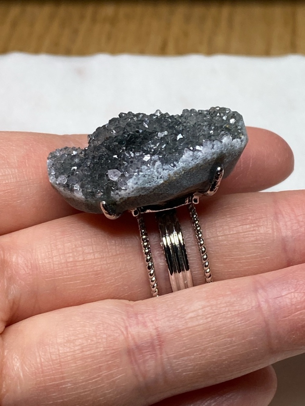 Apophyllite Druzy Ring • Raw Crystal Cluster • Adjustable Silver Statement Ring - Picture 11 of 14